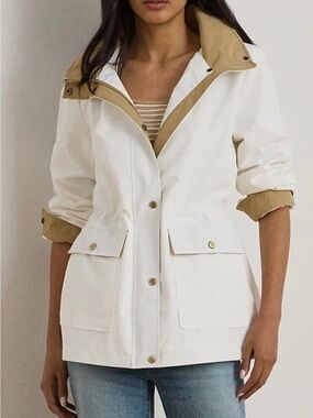 Lauren Ralph Lauren Women’s Hooded Contrast Trim Windbreaker White Sz L NWT